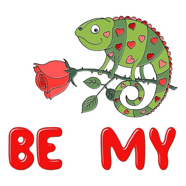 Kolorowy kameleon z sercami na skórze siedzi na różę. — Wektor stockowy
