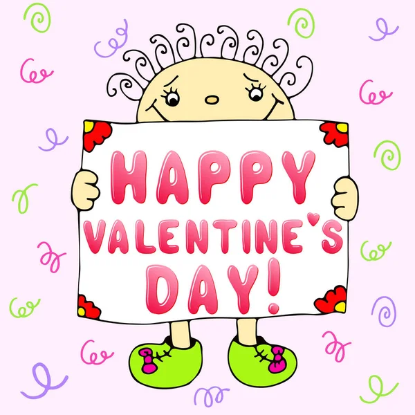 Śmieszne kreskówka mężczyzna ze znakiem szczęśliwy Valentine's Day card. Doskonałym miejs — Wektor stockowy