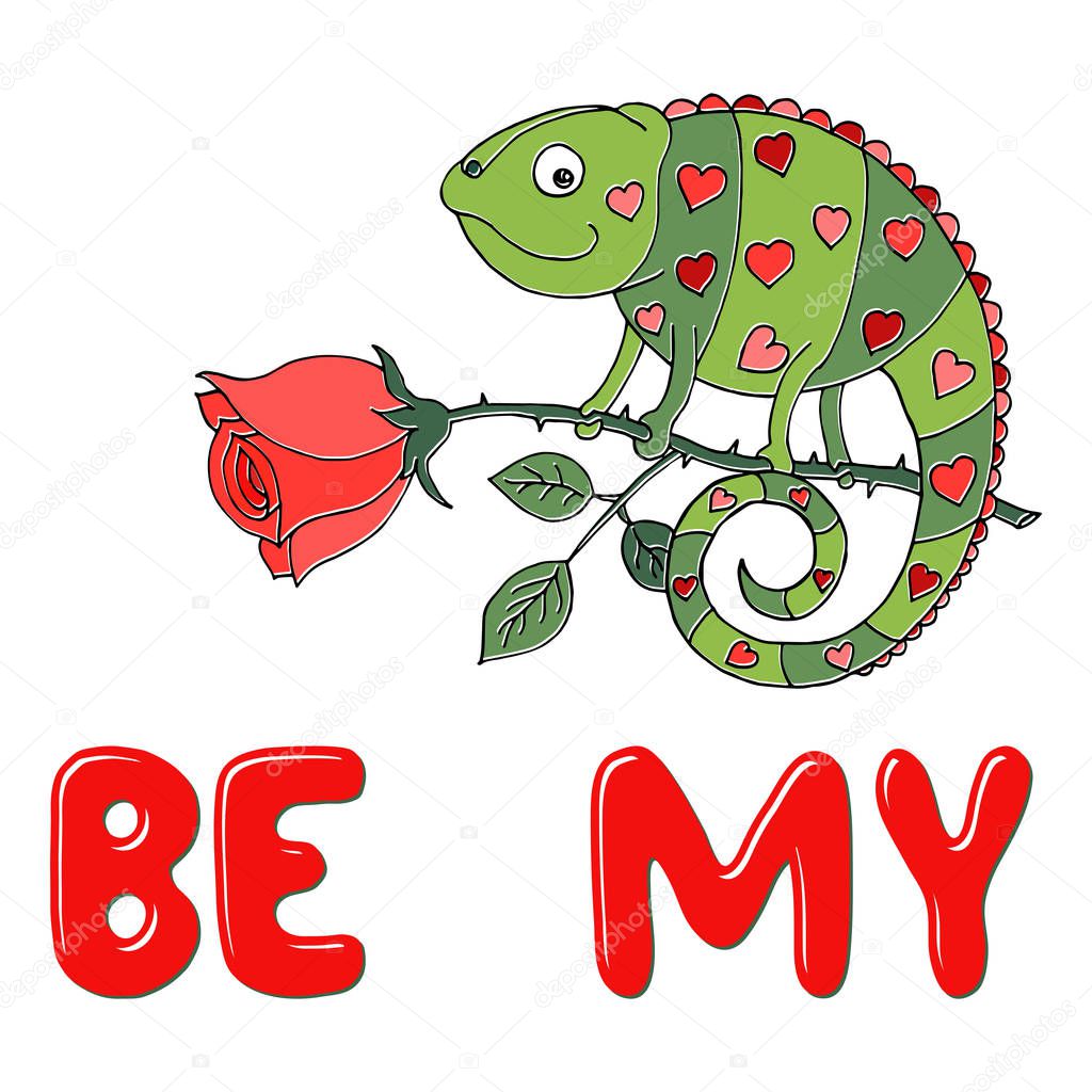 A colorful chameleon with hearts on the skin sits on a rose. Cartoon illustration. Inscription Be my.