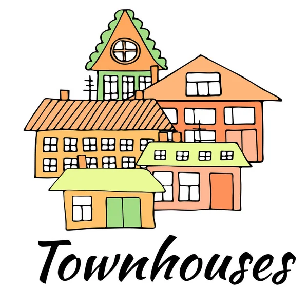 Σπίτια σε έναν δρόμο. Εικονογράφηση ενός τοπίου της πόλης με townho — Διανυσματικό Αρχείο