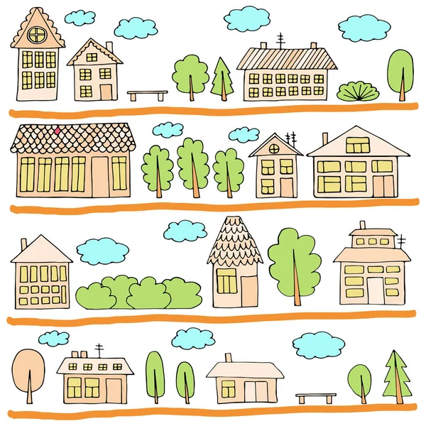 Häuser an einer Straße. Illustration einer Stadtlandschaft mit Townho — Stockvektor