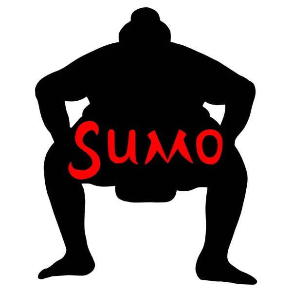 Ilustrație izolată a luptătorului de sumo, desen siluetă, fundal alb cu inscripție roșie Sumo — Vector de stoc