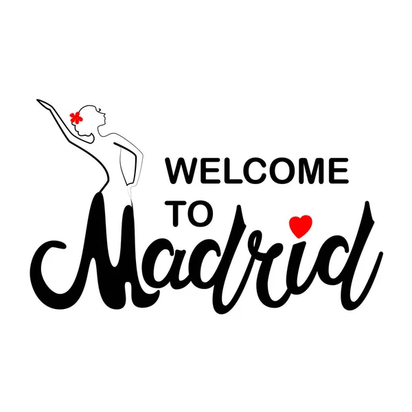 Bellissimo testo scritto a mano tipografia design europeo città madrid nome logo con silhouette di un ballerino di flamenco danza adatto per il turismo o la promozione visita — Vettoriale Stock