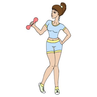 Kız fitness devreye girer. Kadın egzersiz dumbbells ile. Çizgi film renkli resimde