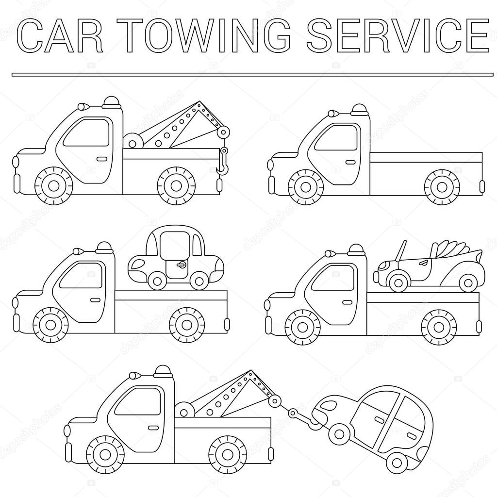 Set of towing truck for transportation emergency cars. Illustration isolated on white background