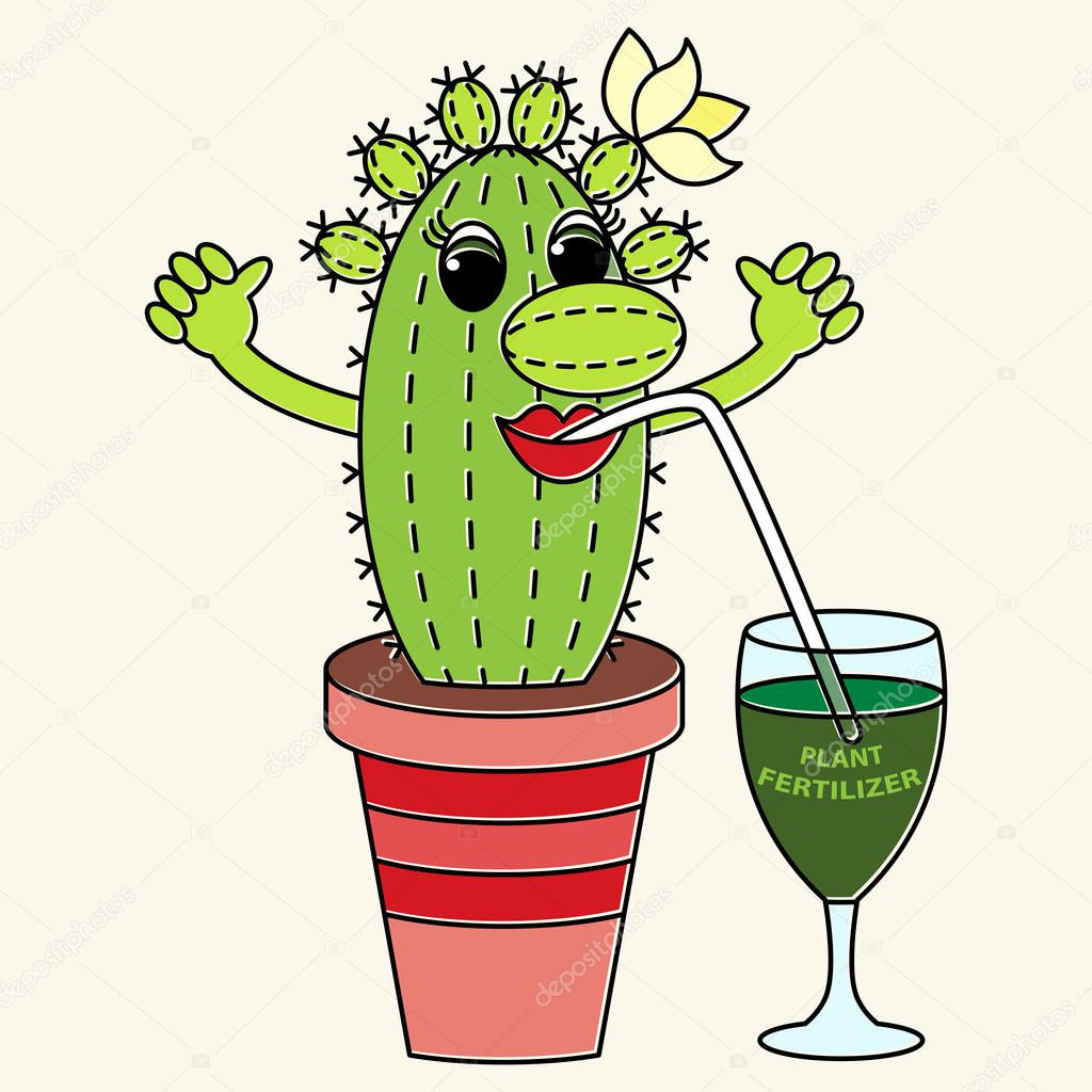 Cartoon funny colorful cactus drinks a fertilizer. Suitable for 