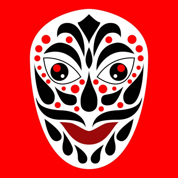 Máscara étnica tribal. Ilustración en blanco y negro y rojo sobre fondo rojo — Vector de stock