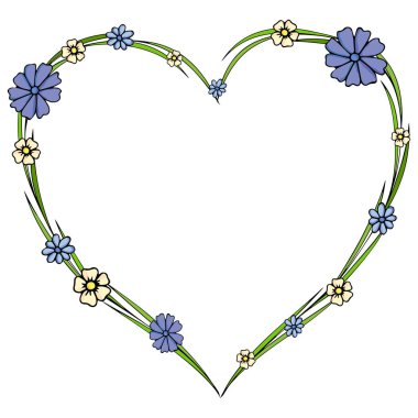 El çekilmiş çiçek kalp şeklinde düzenlenmiş. Doodle tarzı. Beyaz arka plan üzerinde izole kır çiçekleri çelenk