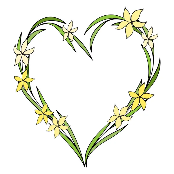 Flores dibujadas a mano dispuestas en forma de corazón. Al estilo Doodle. Corona de flores silvestres aislada sobre fondo blanco — Vector de stock
