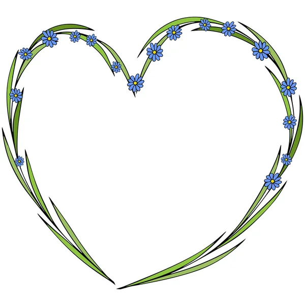 Flori trase de mână aranjate într-o formă de inimă. Stilul Doodle. Coroană de flori sălbatice izolată pe fundal alb — Vector de stoc