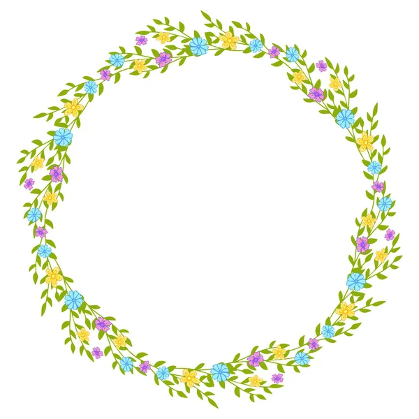 Венок из диких цветов с листьями. Круглая цветочная рамка с местом для текста . — стоковый вектор