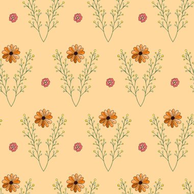 Seamless modeli. Şube ve turuncu gerbera şirin desenle. Açık turuncu renkli.