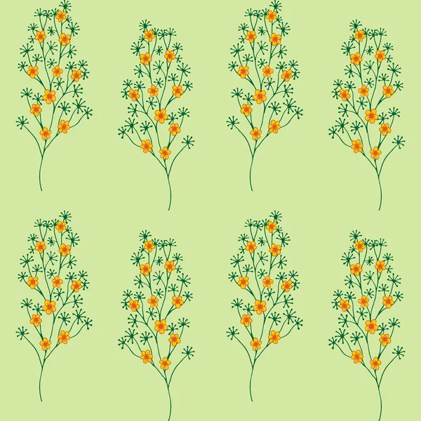 Naadloze patroon. Leuk patroon in oranje bloempjes. Groene achtergrond. Ditsy bloemen — Stockvector