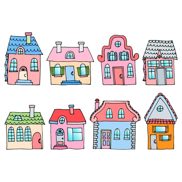 Casas en una calle situada en dos filas. Ilustración de una ciudad l — Archivo Imágenes Vectoriales