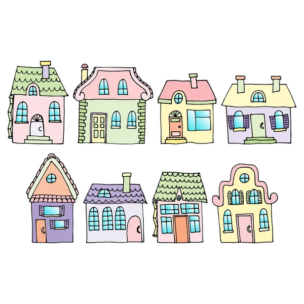 Häuser in einer Straße, die in zwei Reihen liegt. Abbildung einer Stadt l — Stockvektor