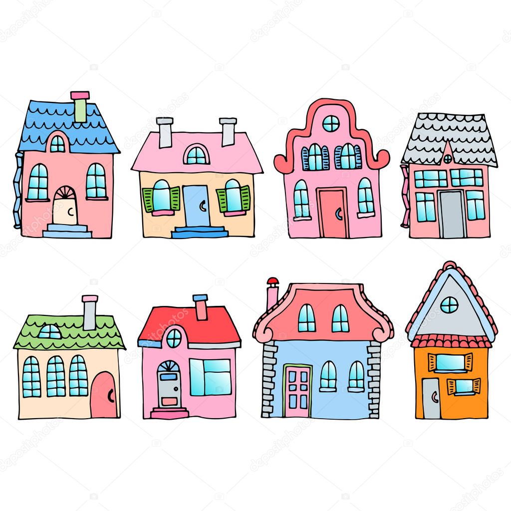 Houses on a street located in two rows. Illustration of a city l