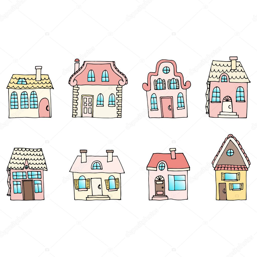 Houses on a street located in two rows. Illustration of a city l
