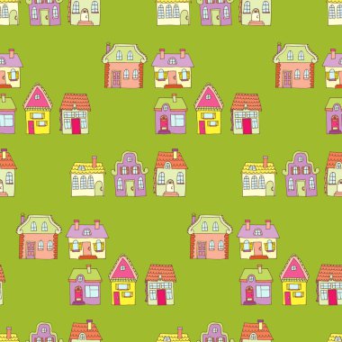 Evleri ile Seamless renkli modeli. Arka plan tekstil tasarımı, web sayfası arka planı, yüzey dokuları için uygun
