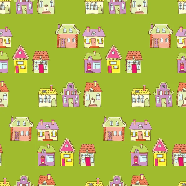 Patrón de colores sin costuras con casas. Fondo adecuado para el diseño textil, fondo de página web, texturas superficiales — Vector de stock