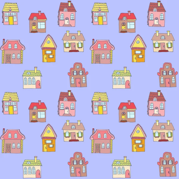 Evleri ile Seamless renkli modeli. Arka plan tekstil tasarımı, web sayfası arka planı, yüzey dokuları için uygun — Stok Vektör