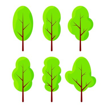 Konsept tasarım için beyaz zemin üzerinde yeşil ağaçlar olan modern düz çizimler. Düz grafik tasarım. Moda vektör koleksiyonu. Dekorasyon elemanı. Ağaç süsleme. Renkli vektör illüstrasyonu.