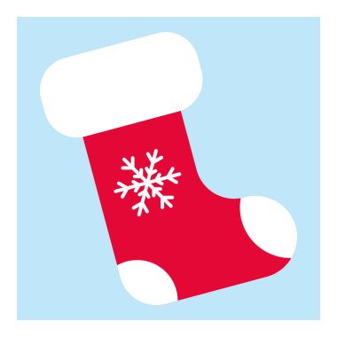 Pazarlama tasarımı için mavi arka planda kırmızı çoraplı klasik düz çizim. Noel çorapları. Mutlu noeller. Mevsimlik tatil. Düz basit vektör simgesi. Kış festivali dekorasyonu.