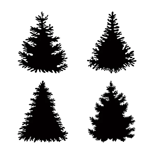 Set of black spruce in beautiful style on white background. Vector illustration isolated background. Vector nature illustration. Tree decoration. Decorative pine spruce tree. Silhouette symbol. — Stock Vector