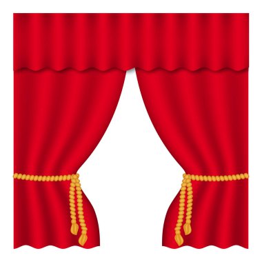 Beyaz arka planda tiyatro perdesi. Tiyatro sahnesi. Dekorasyon elemanı. Dekoratif tasarım için klasik kapak tasarımı. Kırmızı perde. İzole vektör. Sinema prömiyeri.