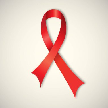 Gerçekçi kırmızı kurdele, dünya yardım günü sembolü, 1 Aralık, vektör illüstrasyonu. Dünya Kanser Günü sembolü. Kırmızı kurdeleli bir poster. Tıbbi afiş. Uluslararası sağlık kampanyası.