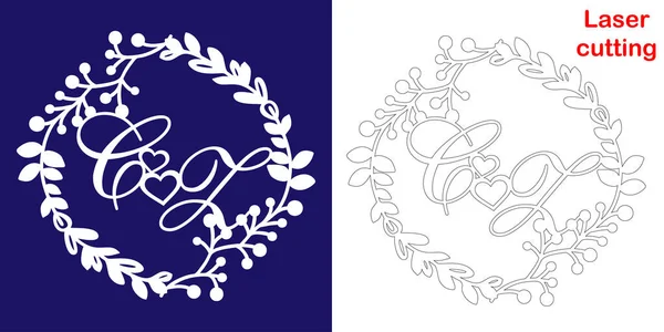 Monograma de boda para corte por láser. C Z iniciales del logotipo decorativo de la boda en un marco floral. El regalo perfecto para el día de su boda — Archivo Imágenes Vectoriales
