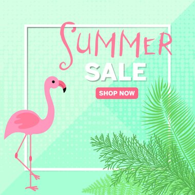 Flamingo dekorasyon tasarımı için. İndirim posteri. Büyük satış afişi şablonu. Dekorasyon elemanı. Güzel arka plan. Yaz indirimi arka plan şablonu. Promosyon afişi tasarımı. Yaz tropik yaprakları.