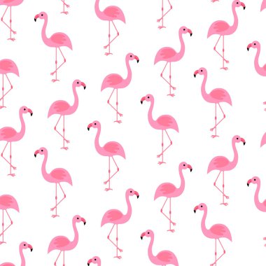 Kumaş tasarımı için flamingolu modern tasarım kusursuz desen. Tropikal, kusursuz yaz döngüsü. Yaz tatili. Vektör tropikal duvar kağıdı. Beyaz arkaplanda soyut bir flamingo.