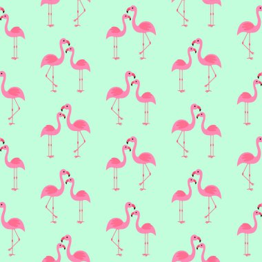 Kumaş tasarımı için flamingolu modern tasarım kusursuz desen. Tropikal, kusursuz yaz döngüsü. Yaz tatili. Vektör tropikal duvar kağıdı. Yeşil arkaplanda soyut bir flamingo.