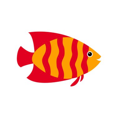 Vektör akvaryum balık silüeti çizimi. Su ikonu. Sualtı okyanusu faunası. Tasarımınız için renkli karikatür düz akvaryum balık ikonu. Düz vektör. Okyanus yaban hayatı. Dekorasyon ögesi.