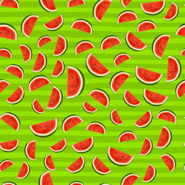 Padrão sem costura de melancia madura. Textura sem costura vetorial. Deliciosa sobremesa. Fruta doce de verão. Design tropical de verão. Fundo abstrato gráfico. Fatia de melancia vetorial. Fundo de verão . — Vetor de Stock