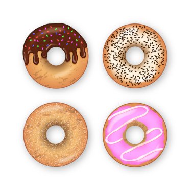 Beyaz arka planda izole edilmiş gerçekçi renkli çörekler. Üst görünüm donut koleksiyonu menü tasarımı, kafe dekorasyonu, teslimat kutusu için jöleye dönüşür. Gerçekçi biçimdeki vektör illüstrasyonu