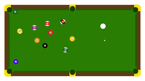 Realistic illustration with pool billiard on green table. Pool billiards tournament announcement poster of color balls on green table. Vector design for billiards championship for sport game players. — Stock Vector
