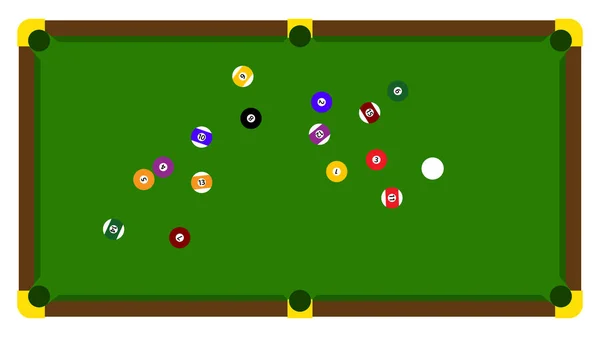 Realistische illustratie met poolbiljart op groene tafel. Pool biljart toernooi aankondiging poster van kleur ballen op groene tafel. Vector ontwerp voor biljart kampioenschap voor sport game spelers. — Stockvector