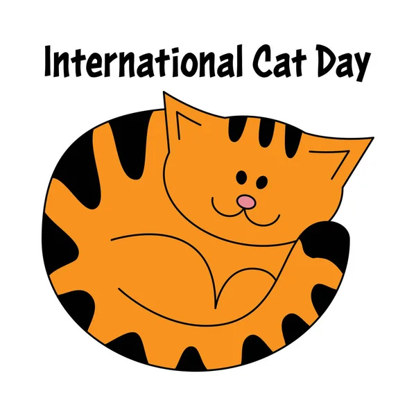 International Cat Day vector card, illustration with lovely cartoon style kitten. Cartoon invitation on light backdrop. Beautiful abstract illustration with cat. Holiday greeting card with kitten. — Stock Vector