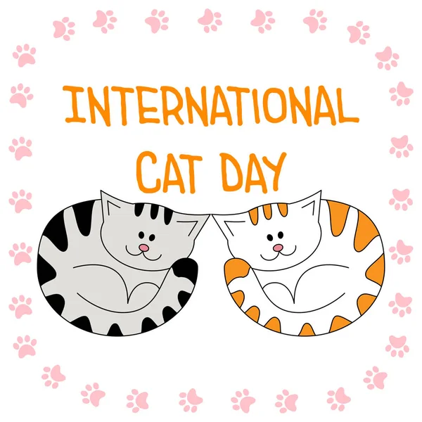 Uluslararası Kedi Günü vektör kartı. Çizgi film stili kedi yavrusu resimli. Işık arka planında çizgi film davetiyesi. Kedili güzel soyut çizim. Yavru kediyle bayram tebrik kartı. — Stok Vektör