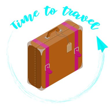 Kahverengi bavul, izometrik tarzda, üzerinde yazı olan seyahat zamanı. Tatil vektör çizimi. Seyahat konsepti. Özgürlük işareti. Moda tasarımı için bavulu olan güzel düz çizimler.