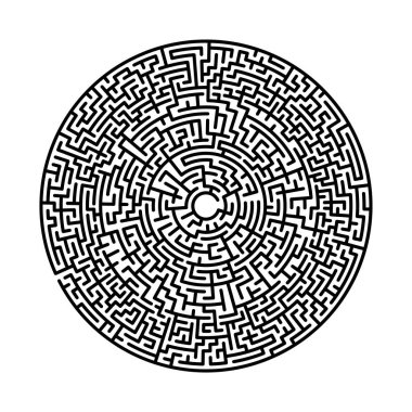 Difficult circle maze. Hard round vector labirinth. Vector black circle maze on white background. Education puzzle with search of solution. Circular isolated labirinth. A game for logic find way exit clipart