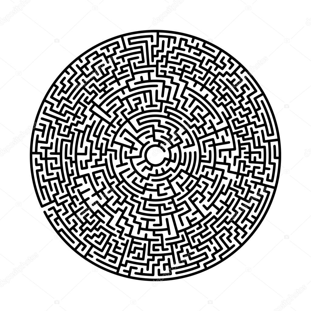 Difficult circle maze. Hard round vector labirinth. Vector black circle maze on white background. Education puzzle with search of solution. Circular isolated labirinth. A game for logic find way exit