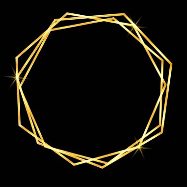 Siyah arkaplanda soyut tarzda altın geometrik çerçeve. Dekoratif vektör şablonu. Modern geometrik doku. Altın soyut çerçeve. Eski lüks davetiye. Vektör grafik seti. Düğün şablonu