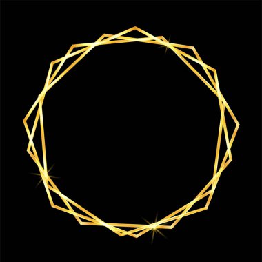 Siyah arkaplanda soyut tarzda altın geometrik çerçeve. Dekoratif vektör şablonu. Modern geometrik doku. Altın soyut çerçeve. Eski lüks davetiye. Vektör grafik seti. Düğün şablonu