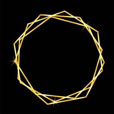 Siyah arkaplanda soyut tarzda altın geometrik çerçeve. Dekoratif vektör şablonu. Modern geometrik doku. Altın soyut çerçeve. Eski lüks davetiye. Vektör grafik seti. Düğün şablonu