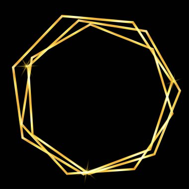 Siyah arkaplanda soyut tarzda altın geometrik çerçeve. Dekoratif vektör şablonu. Modern geometrik doku. Altın soyut çerçeve. Eski lüks davetiye. Vektör grafik seti. Düğün şablonu