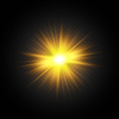 Siyah arkaplanda ışık parlaması. Parlak tatil arkaplanı. Lens alevi, ışık efekti. Gece parıltısı etkisi. Disko tasarımı. Noel süsü. Parlayan bir yıldız. Siyah arka plan. Vektör illüstrasyonu