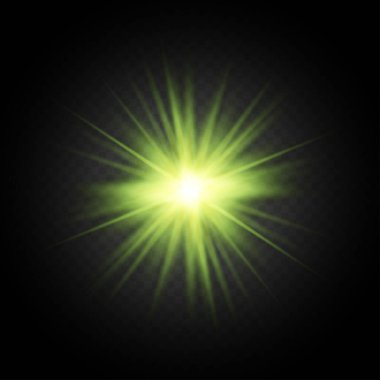 Siyah arkaplanda ışık parlaması. Parlak tatil arkaplanı. Lens alevi, ışık efekti. Gece parıltısı etkisi. Disko tasarımı. Noel süsü. Parlayan bir yıldız. Siyah arka plan. Vektör illüstrasyonu