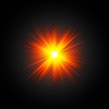 Siyah arkaplanda ışık parlaması. Parlak tatil arkaplanı. Lens alevi, ışık efekti. Gece parıltısı etkisi. Disko tasarımı. Noel süsü. Parlayan bir yıldız. Siyah arka plan. Vektör illüstrasyonu